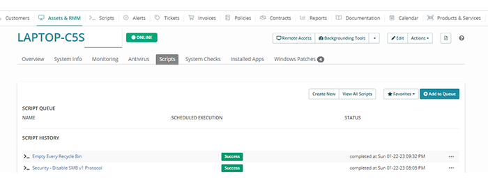 The execution history of two scripts in Syncro 