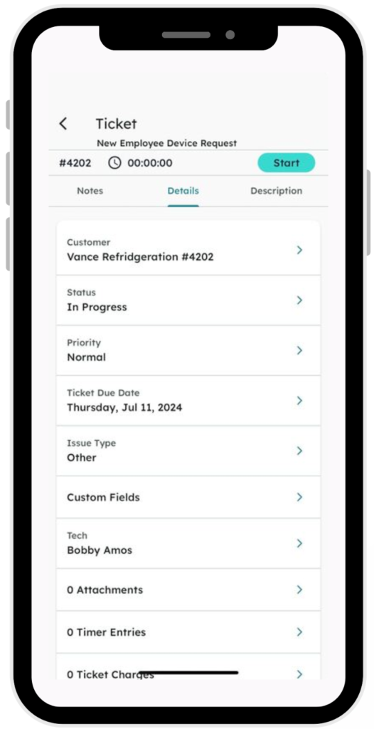 Ticket Details view in the Syncro Mobile App