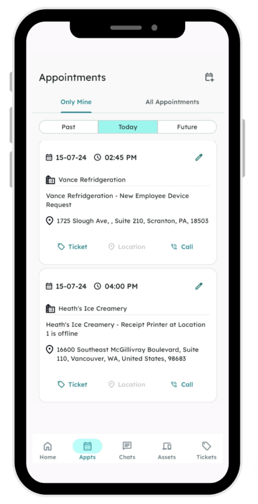 "Appointments" view in the Syncro Mobile App