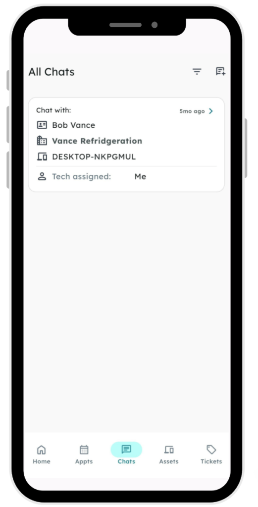 Customer Chats and communication view in the Syncro Mobile App