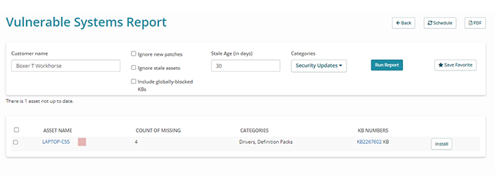 A vulnerable systems report in Syncro