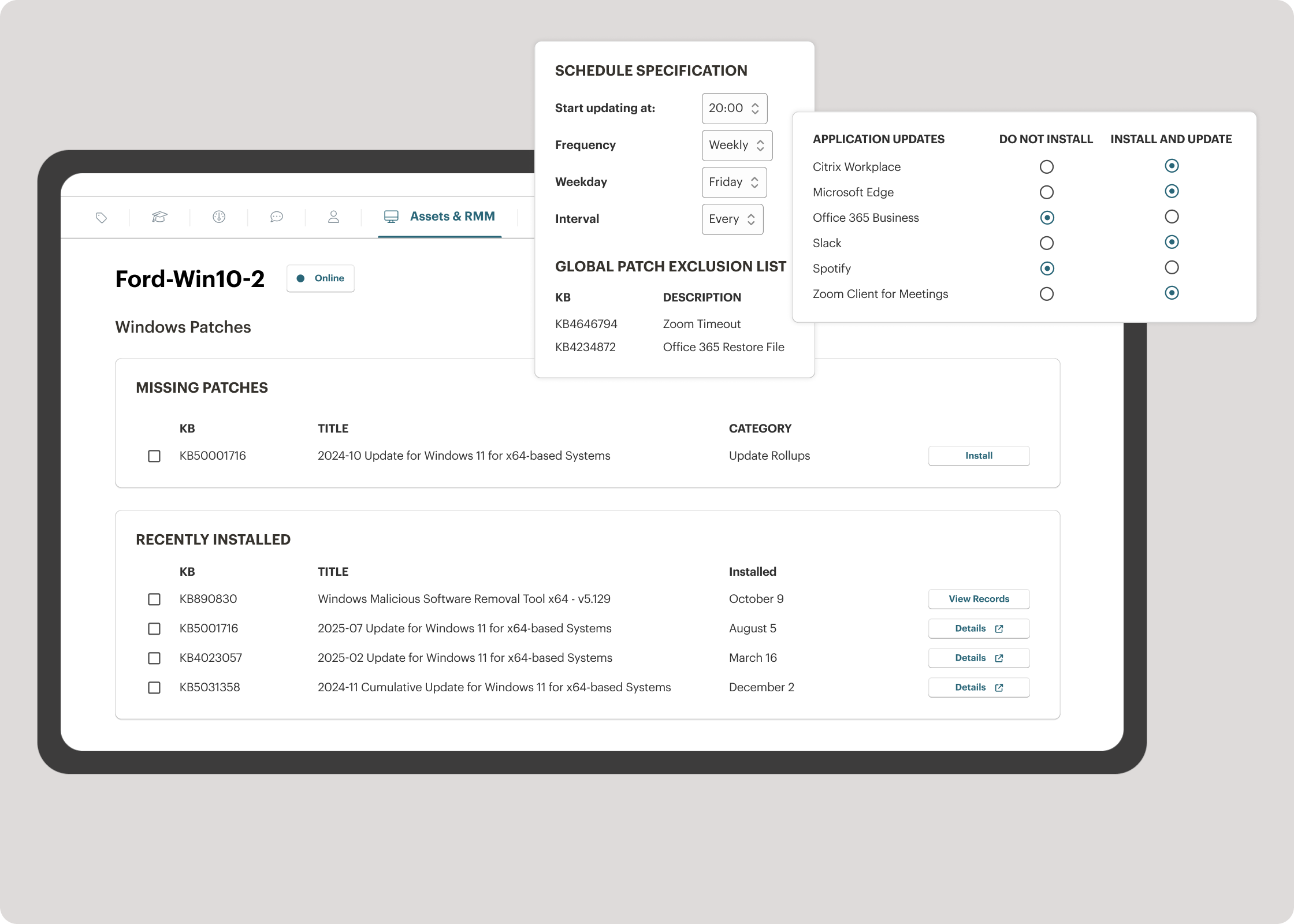 Syncro RMM Windows patch management and automated scheduling interface