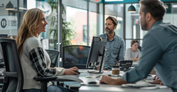 colleagues having a discussion at an office