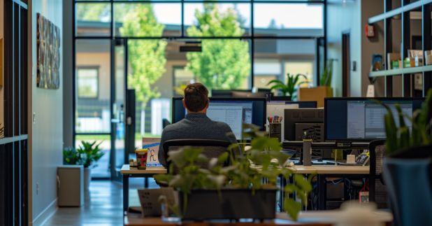man sitting in front of monitor at office