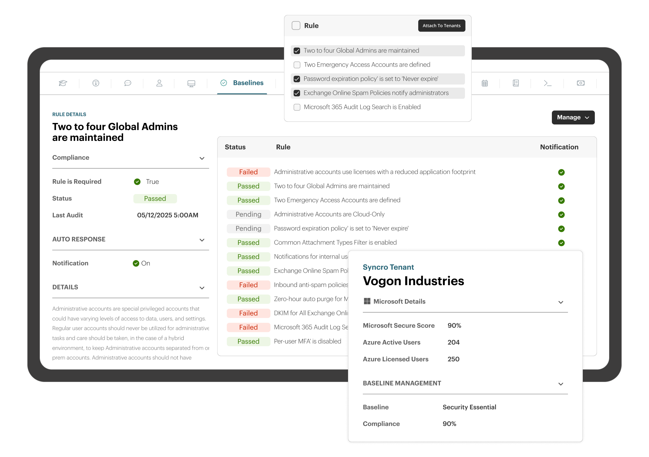 Syncro M365 security assessment rules, audit log, tenant information