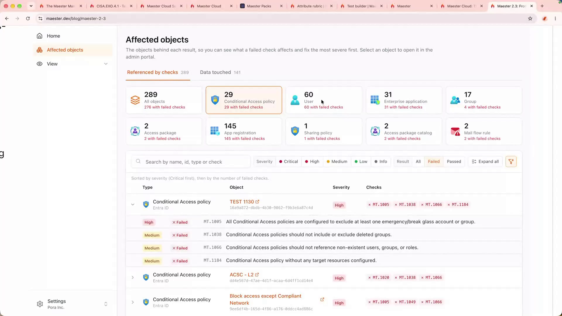 Affected objects view grouping failed checks by Conditional Access policy, user, app registration, and group
