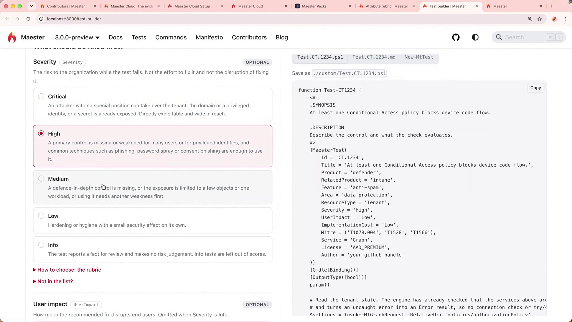 Maester Test Builder form with the severity rubric beside the generated test code
