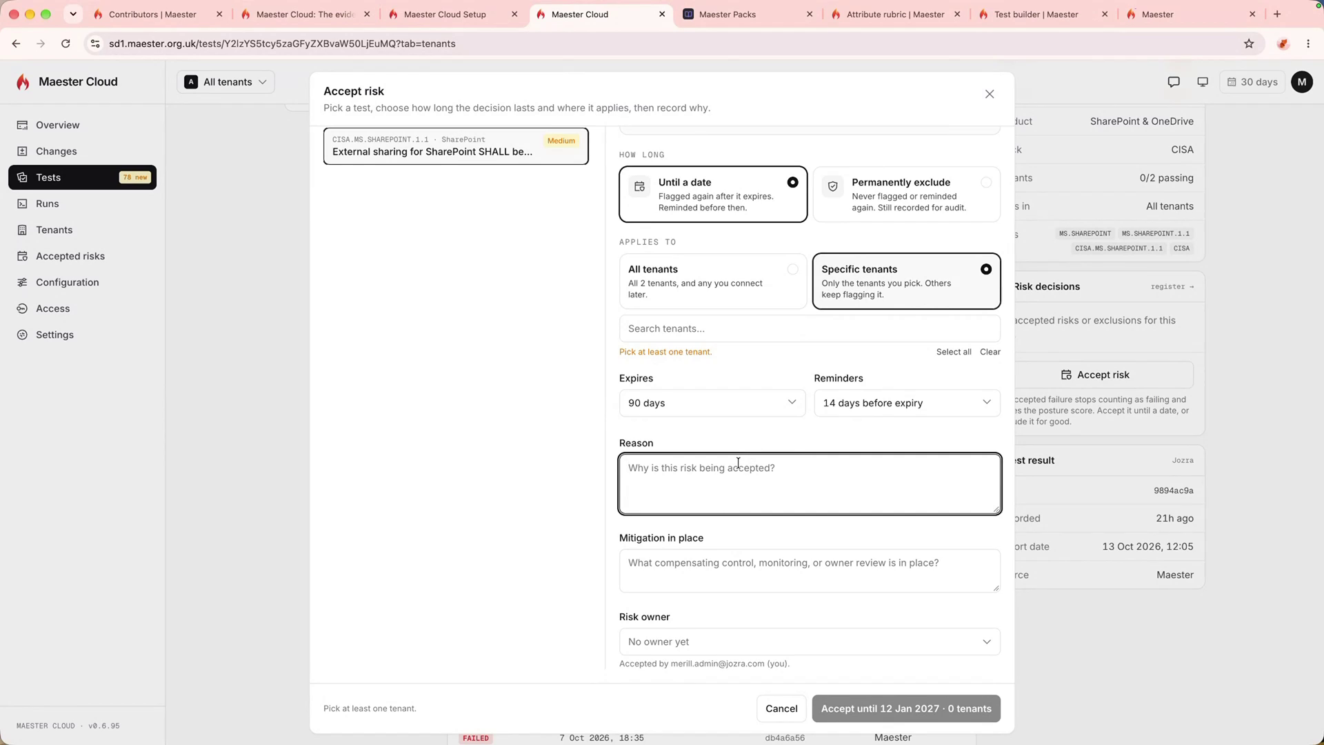 MaesterCloud Accept risk dialog with expiry date, reminders, reason, mitigation, and risk owner